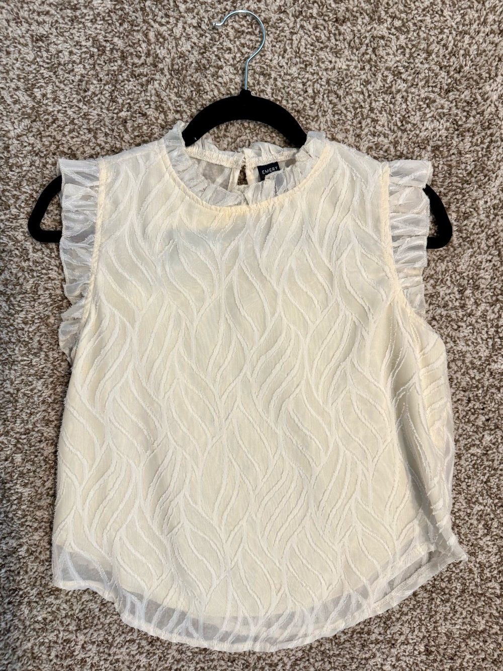 Emery Rose Textured Sleeveless Ruffle-Trim Blouse w/ Sheer Back